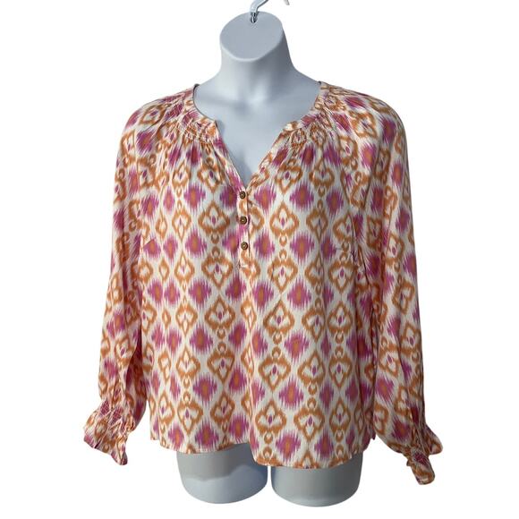 Destination 365 Top Womens Size Large Ikat Print Split-Neck Blouse Pink Blouse - Picture 1 of 10